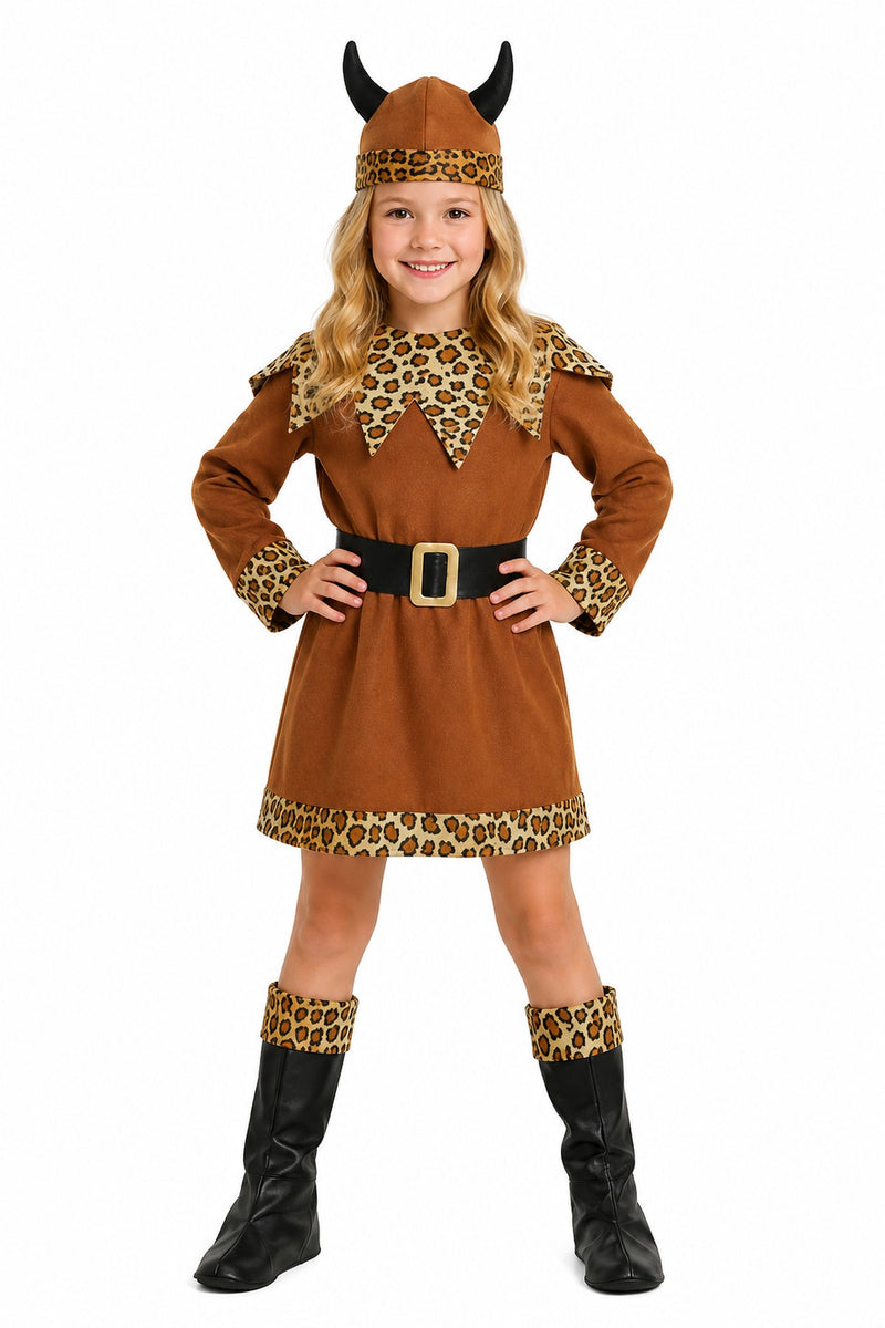 Wikinger Barbarin Kostüm Mädchen | Kleid mit Helm, Gürtel & Stiefelüberziehern