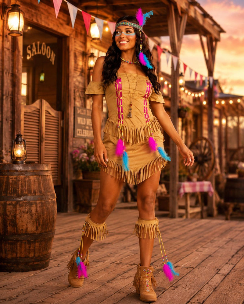 Indianerin Kostüm "Feather" für Damen | Braun Pink