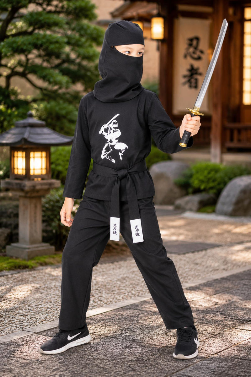 Ninja Kostüm Kinder 4-tlg. – Samurai Verkleidung Schwarz