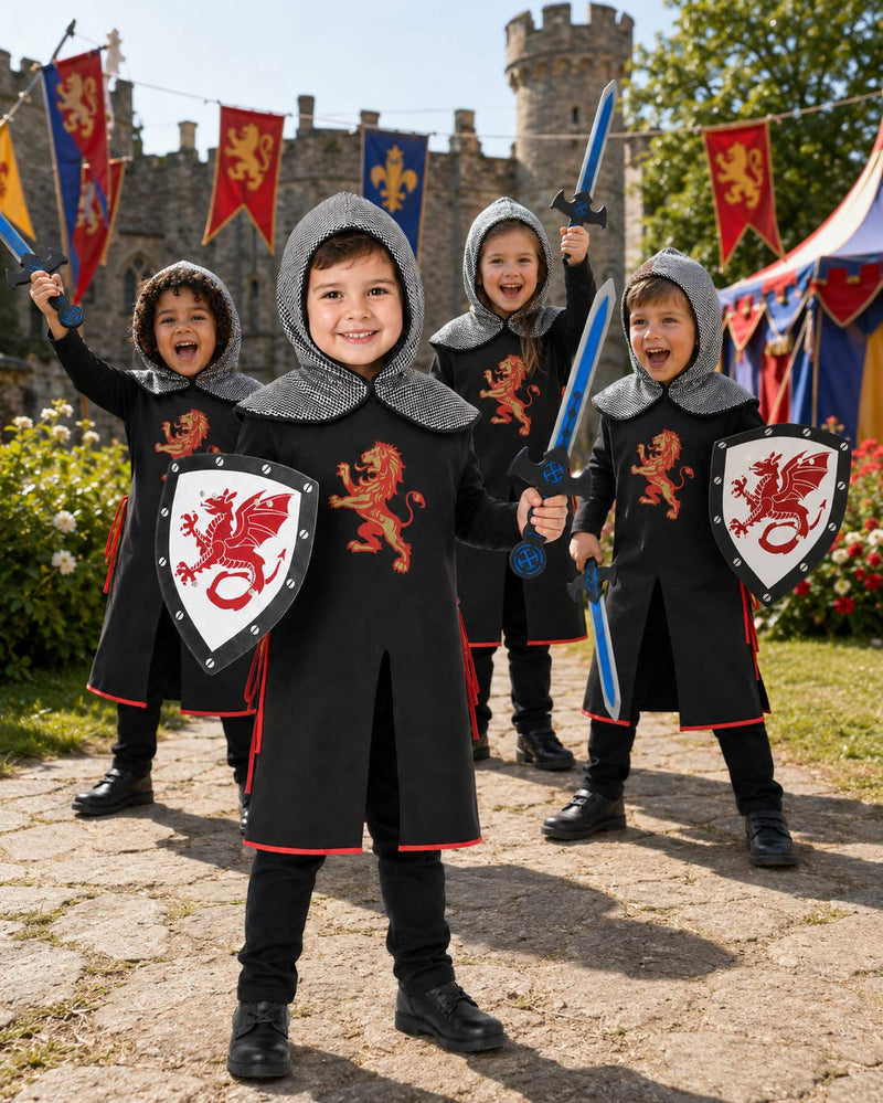 Ritter Set Löwe Kinder 4-tlg. – Tunika, Haube, Schild & Schwert 3–8 Jahre