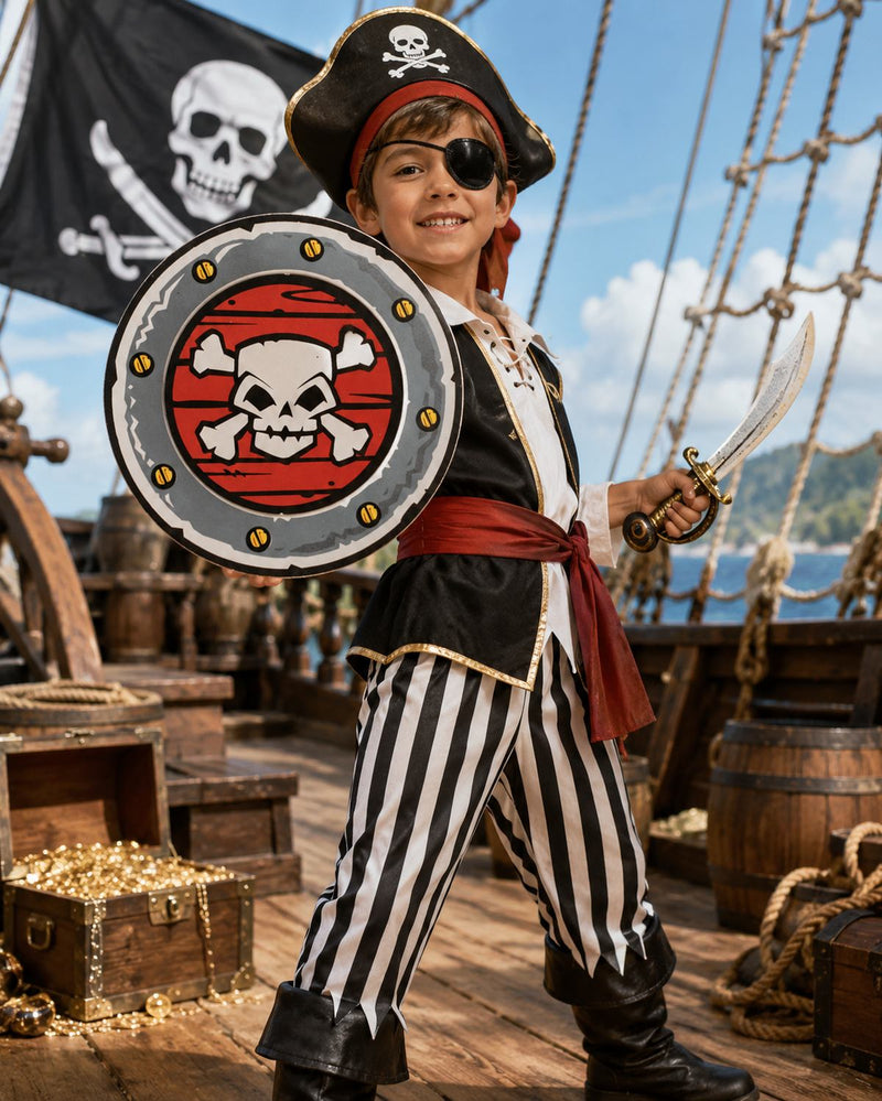 Schaumstoff Piraten Schild mit Totenkopf – Rundes Kostümschild Grau Rot 33 cm