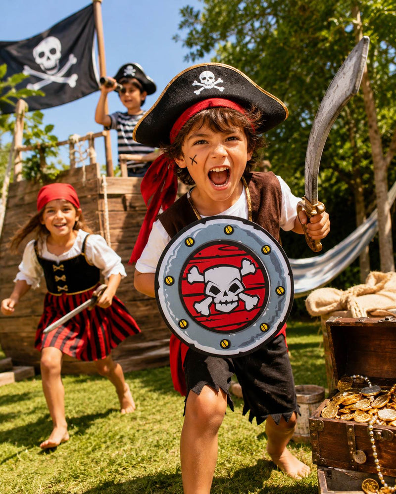 Schaumstoff Piraten Schild mit Totenkopf – Rundes Kostümschild Grau Rot 33 cm