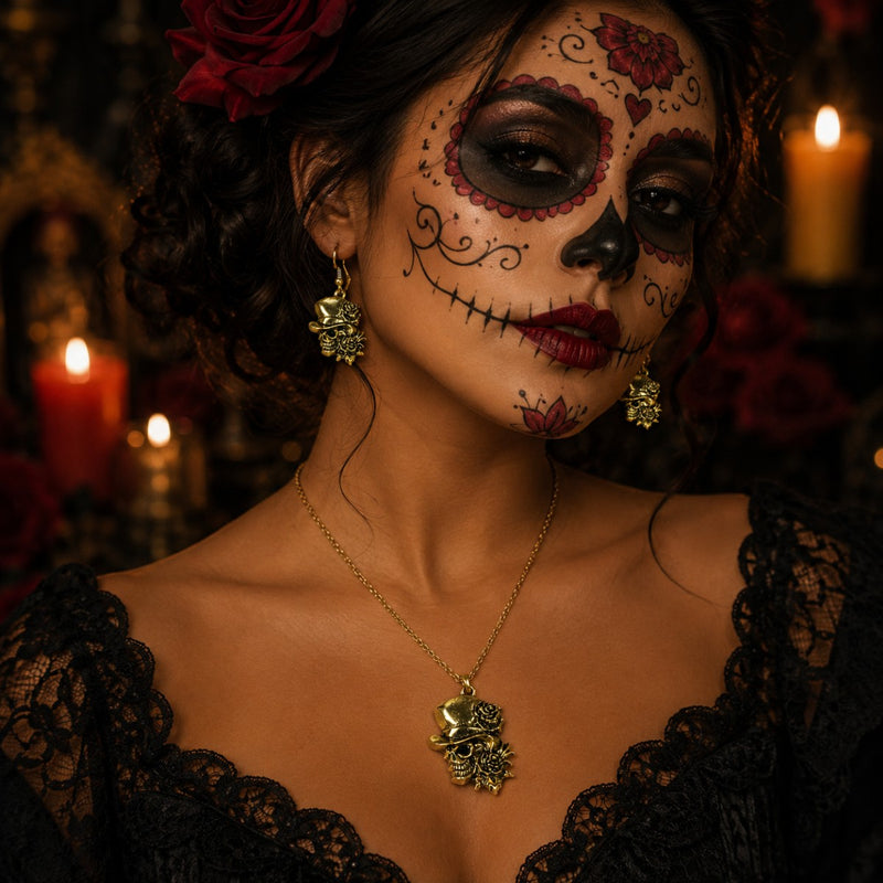 Day of the Dead Halskette mit Ohrringen | Gold