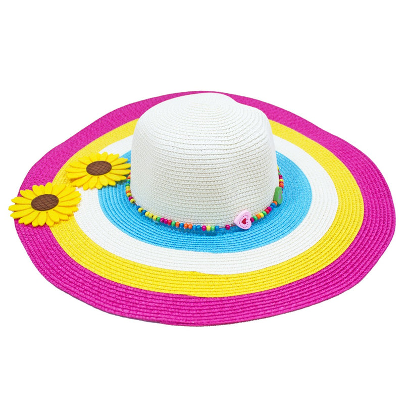 Damen Sommer Hut mit Sonnenblumen "Big Flower" | Weiß Pink - 55 cm