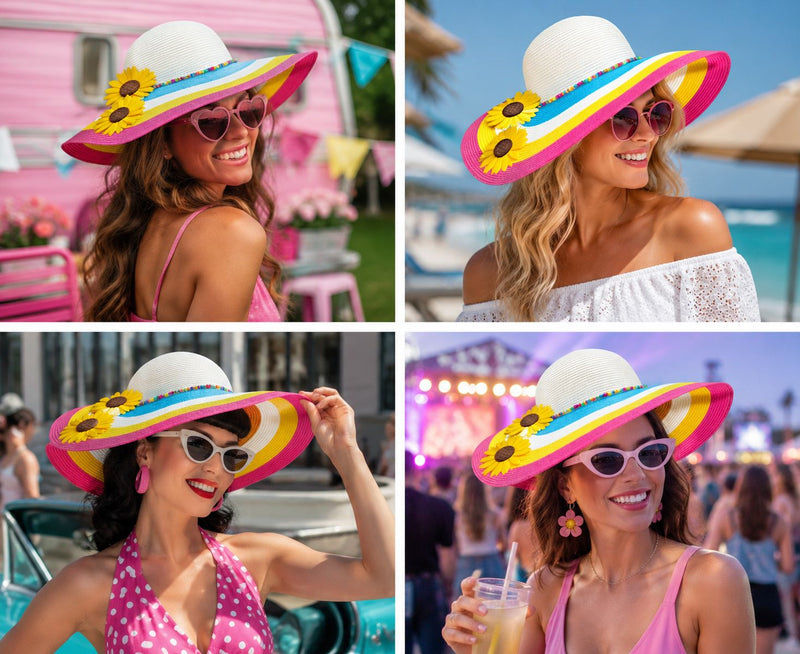 Damen Sommer Hut mit Sonnenblumen "Big Flower" | Weiß Pink - 55 cm