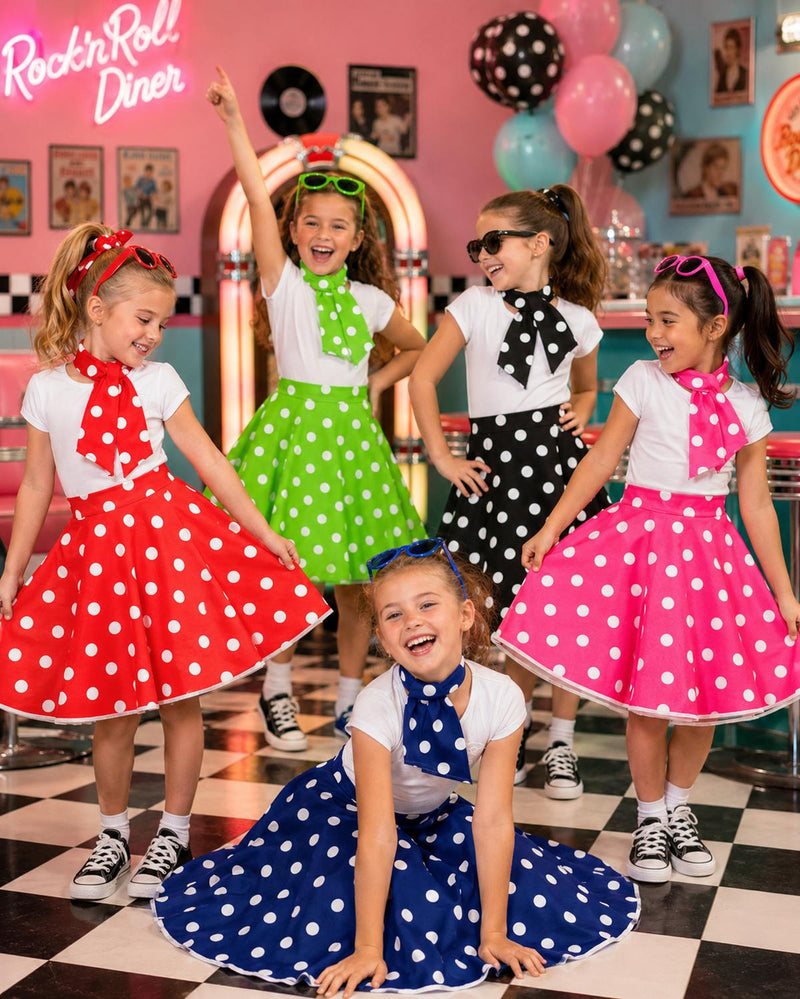 50er Jahre Kostüm - Kinder Tellerrock mit Halstuch | Schwarz Weiß