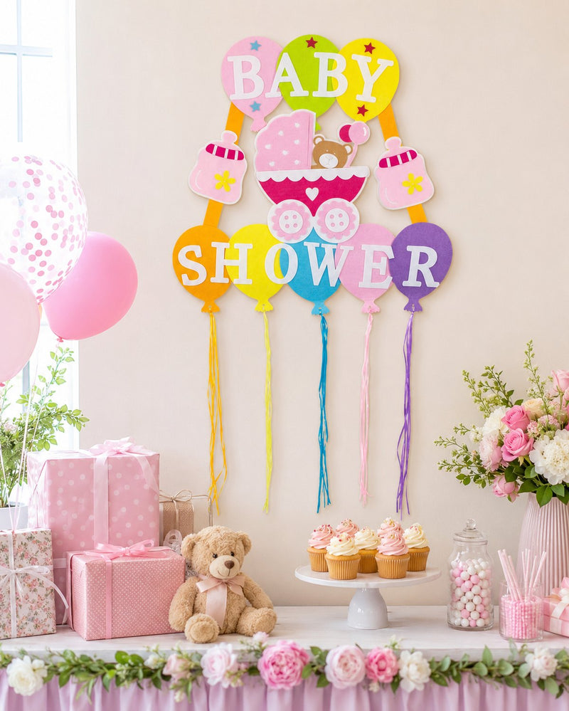 Baby Shower Party Dekoration - XL Wandbild mit Ballons 110 x 56 cm - Rosa