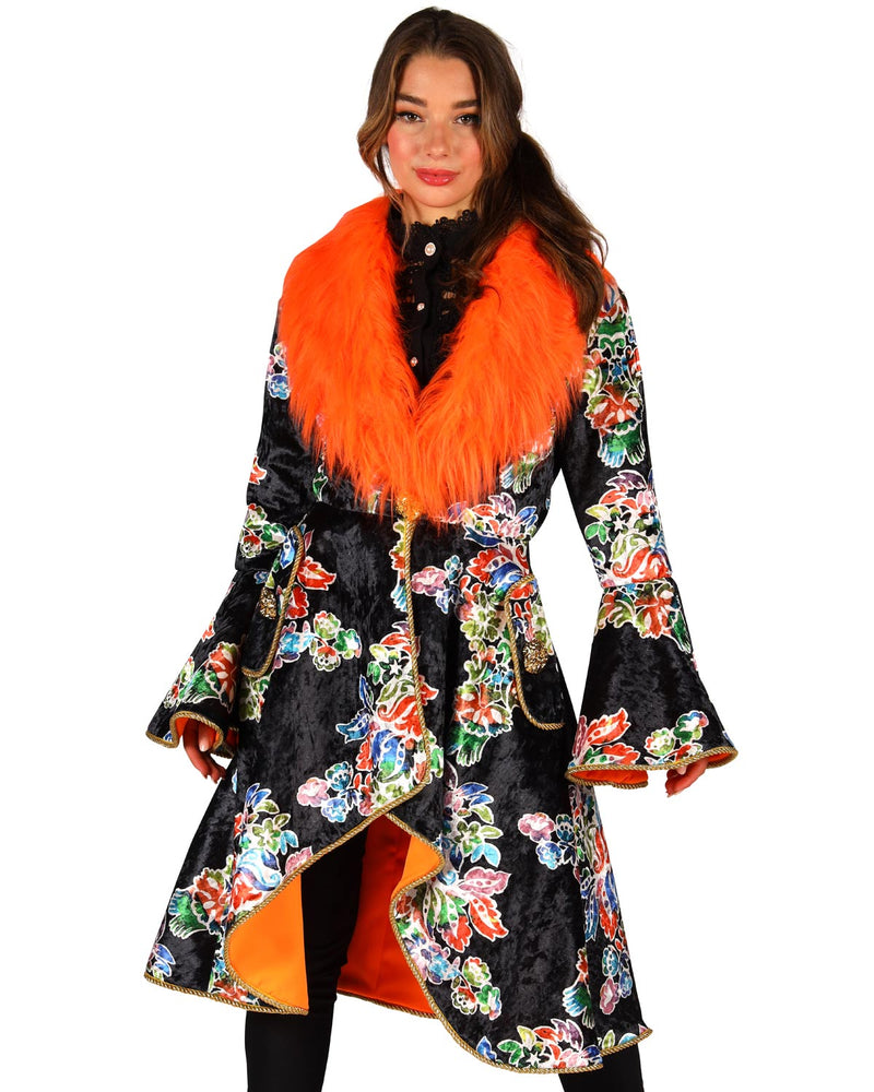 Karneval Jacke für Damen mit Fellbesatz und Blumenmuster | Schwarz Orange