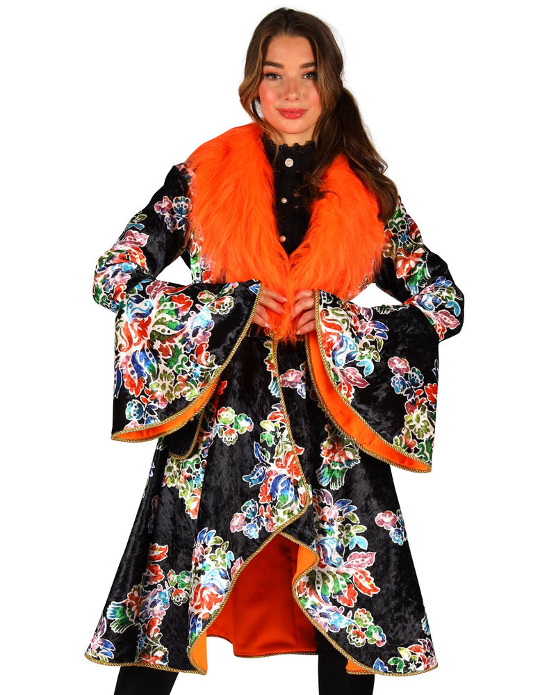 Karneval Jacke für Damen mit Fellbesatz und Blumenmuster | Schwarz Orange