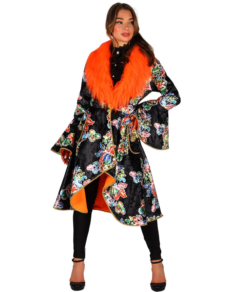 Karneval Jacke für Damen mit Fellbesatz und Blumenmuster | Schwarz Orange