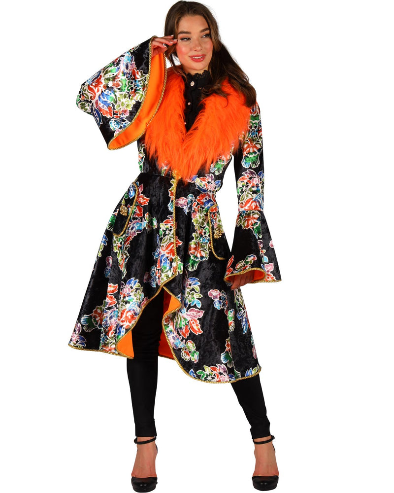 Karneval Jacke für Damen mit Fellbesatz und Blumenmuster | Schwarz Orange