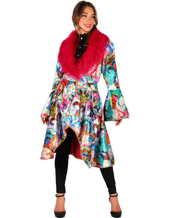 Karneval Jacke für Damen mit Fellbesatz und Blumenmuster | Pink Bunt
