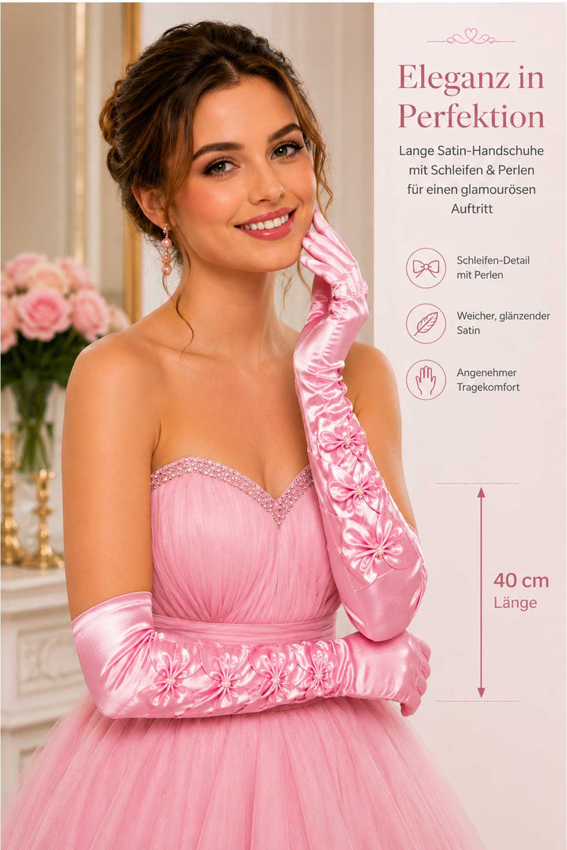 Damen Satin Handschuhe mit Schleifen und Perlen | Rosa