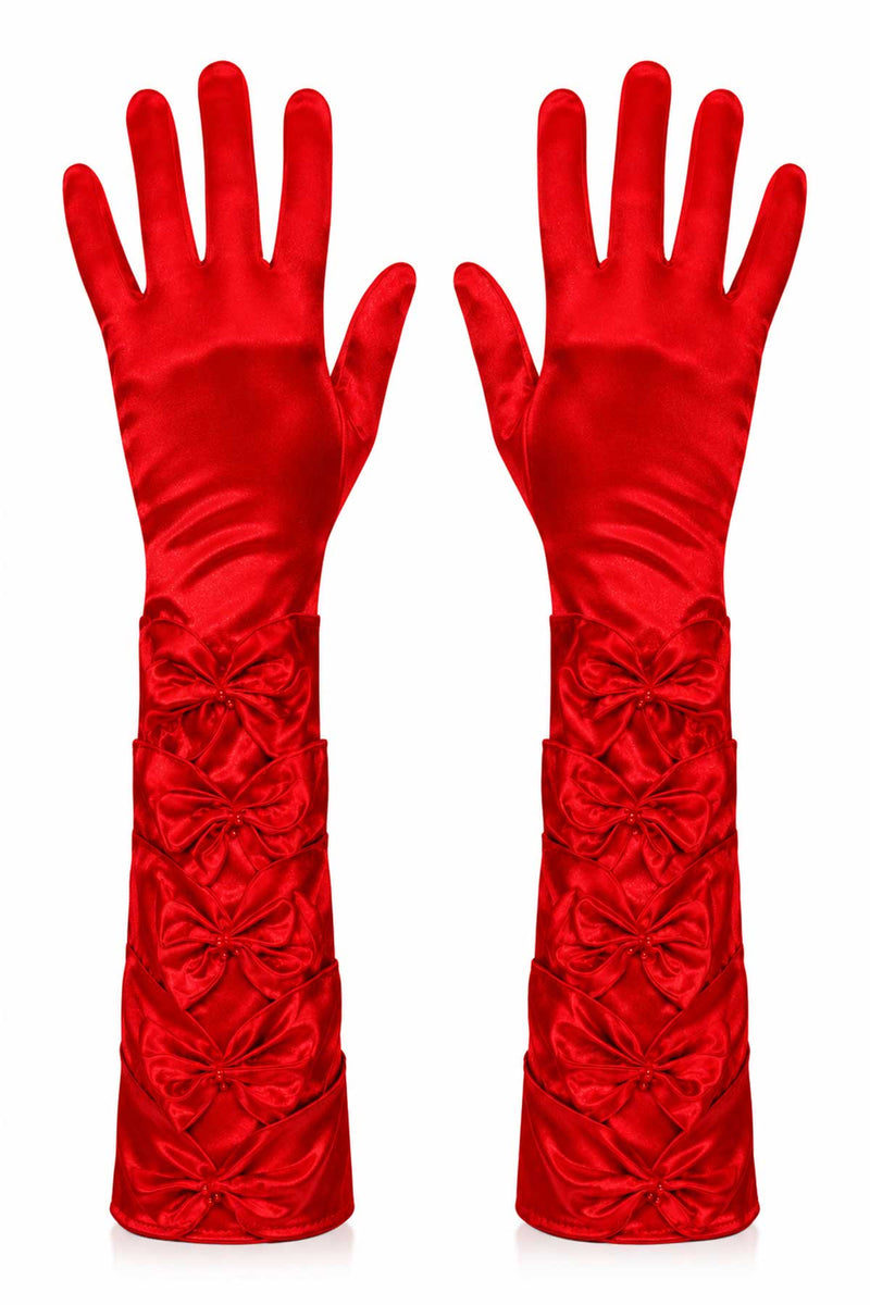 Damen Satin Handschuhe mit Schleifen und Perlen | Rot