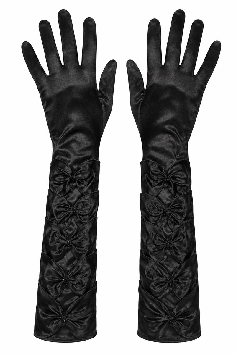 Damen Satin Handschuhe mit Schleifen und Perlen | Schwarz