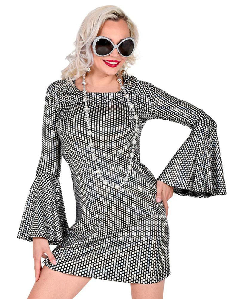 70er Jahre Disco Kostüm für Damen | Schwarz Silber