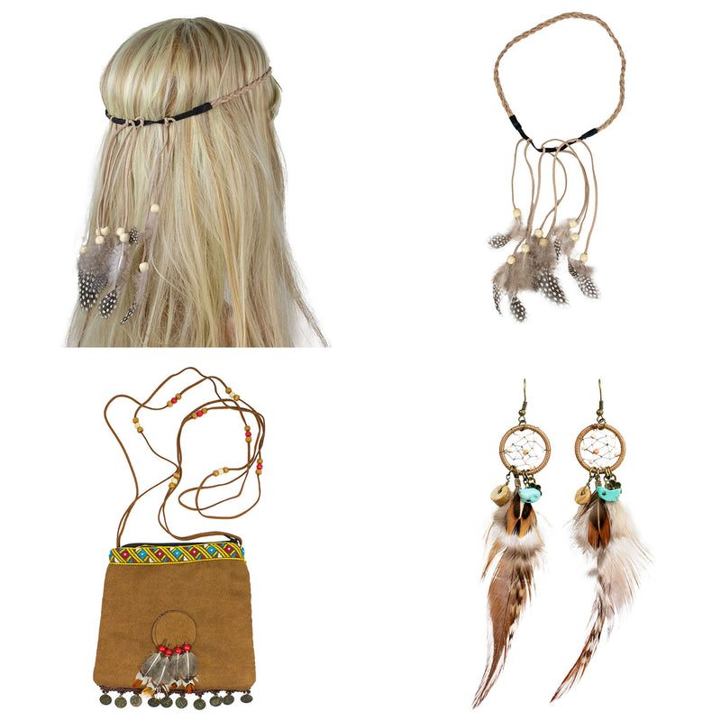 Indianerin Schmuck Set für Damen | 3-teilig mit Handtasche, Stirnband & Feder-Ohrringen | Kostüm Zubehör für Karneval & Mottoparty