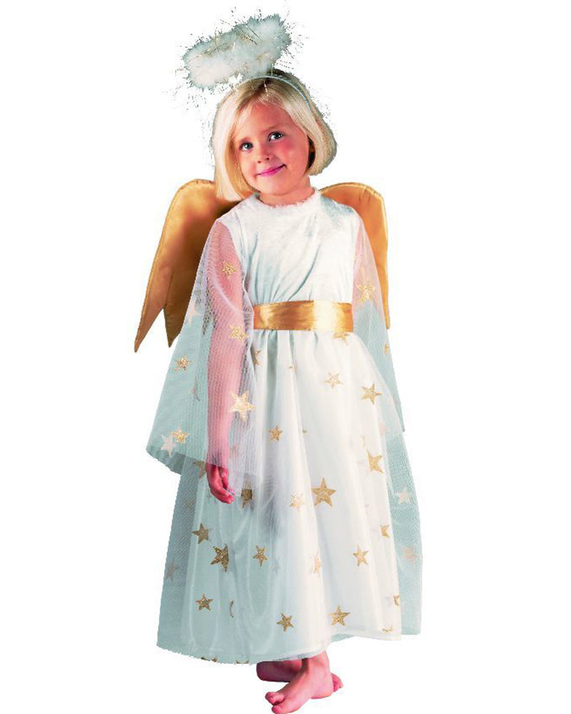 Kinder Engelskostüm "Sternen Engel" mit Flügeln - Samtkleid Weiß Gold