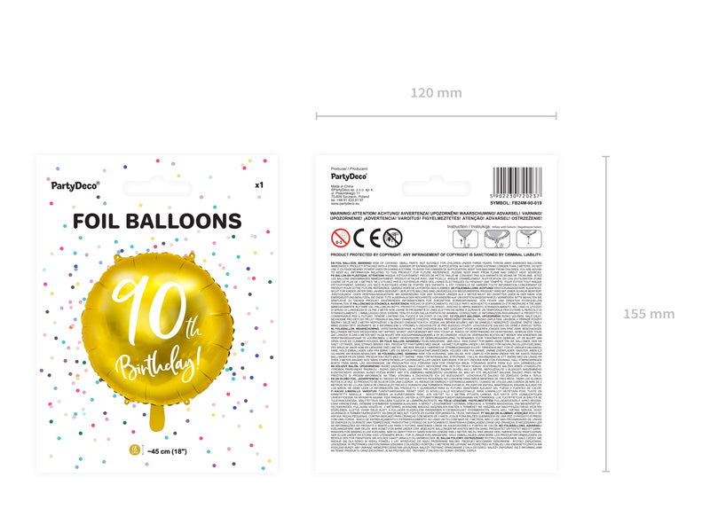 18"/Ø45cm Folienballon "90th Birthday" | Gold