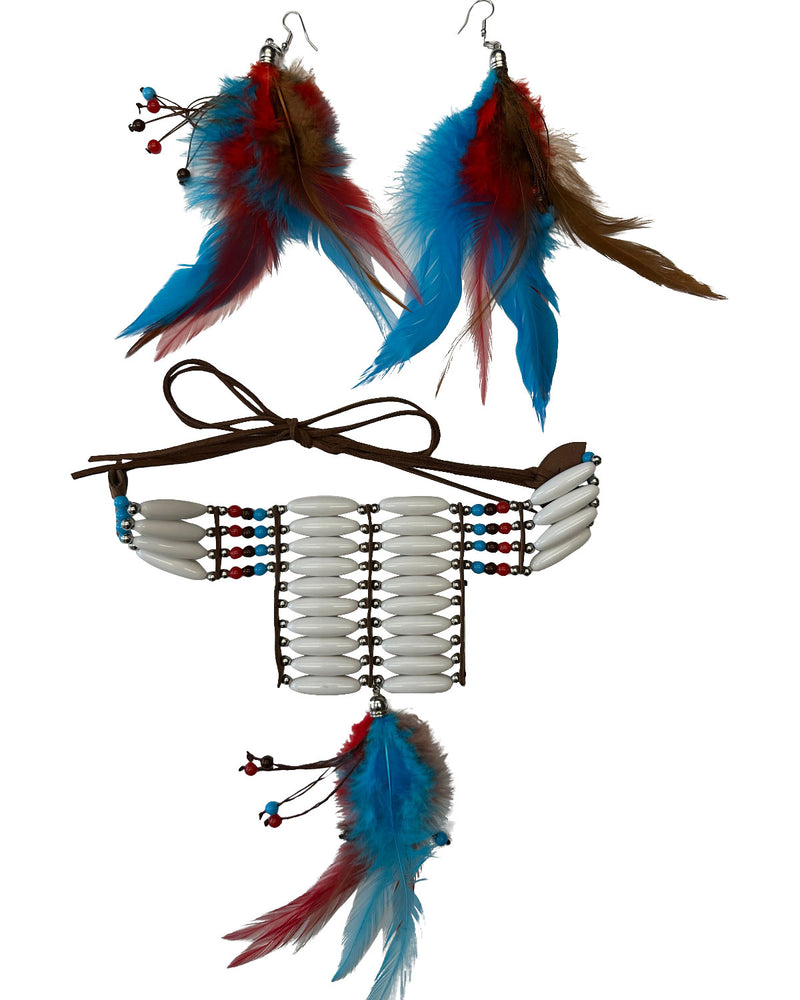 Hippie Federschmuck Set 3-tlg. | Halskette mit Federn & Ohrringe | Boho Schmuckset für Hippie Kostüm, Festival & 70er Jahre Party