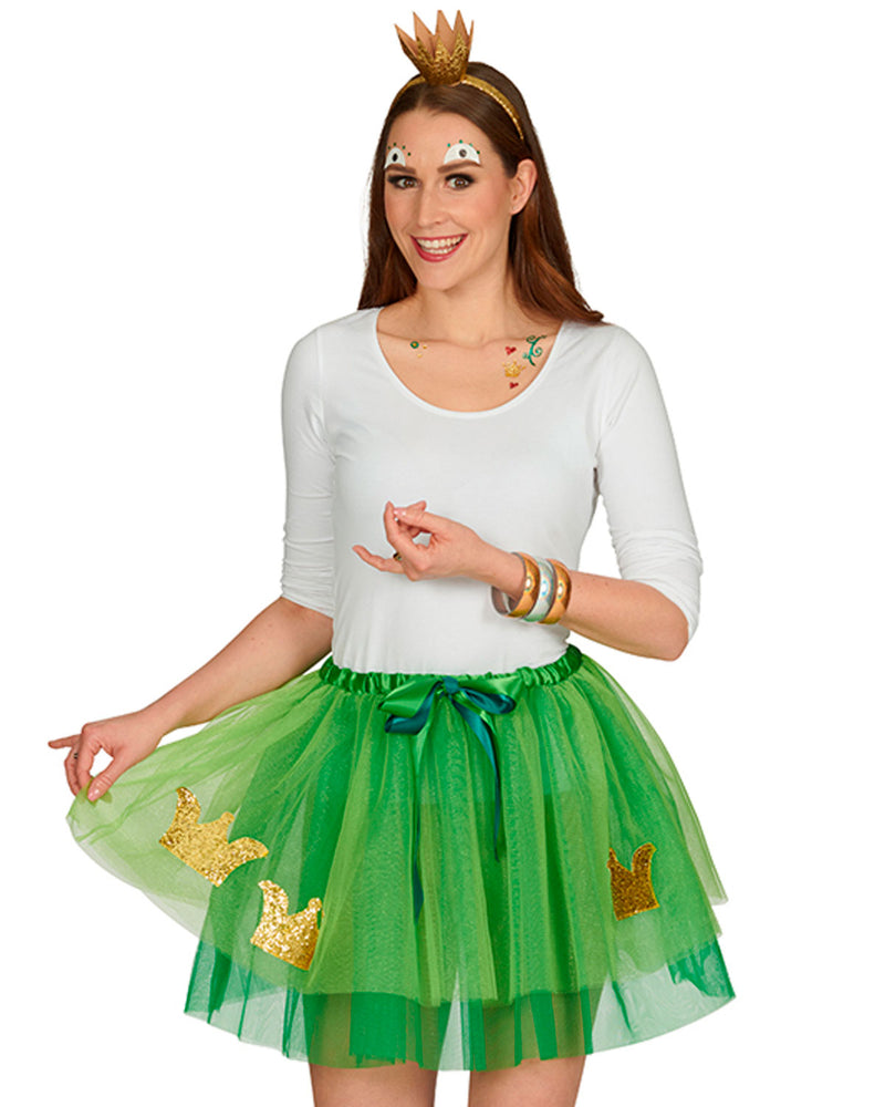 Froschkönig Kostüm Set für Damen | Grüner Tutu Petticoat Rock 45 cm mit goldener Krone | Märchen & Mottoparty Kostüm