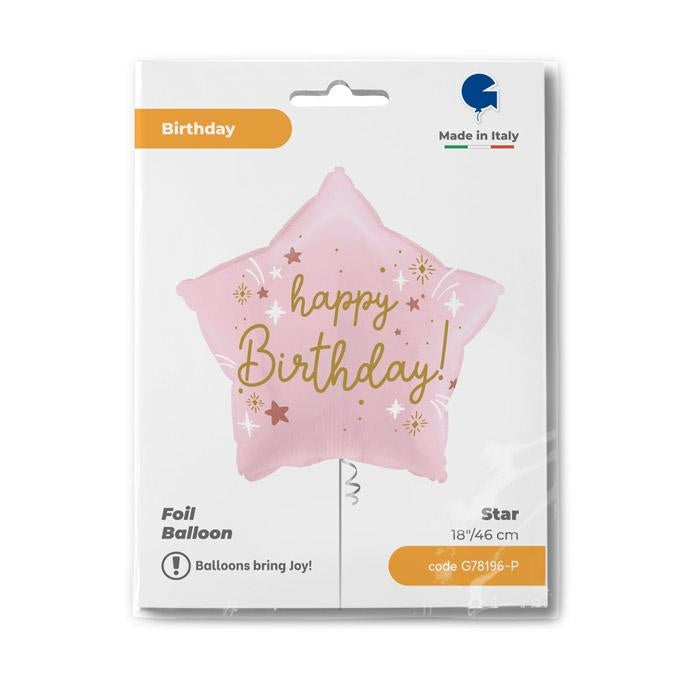 18"/Ø46cm Stern Folienballon "Happy Birthday" | Satin Rosa