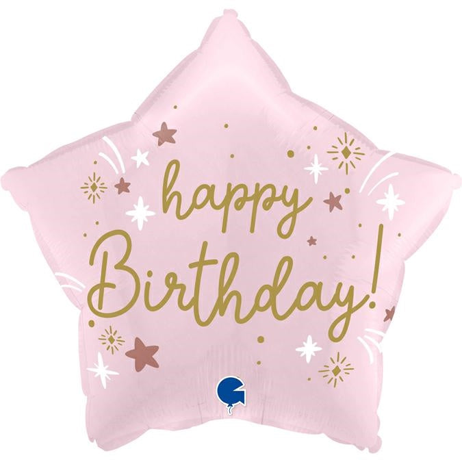 18"/Ø46cm Stern Folienballon "Happy Birthday" | Satin Rosa