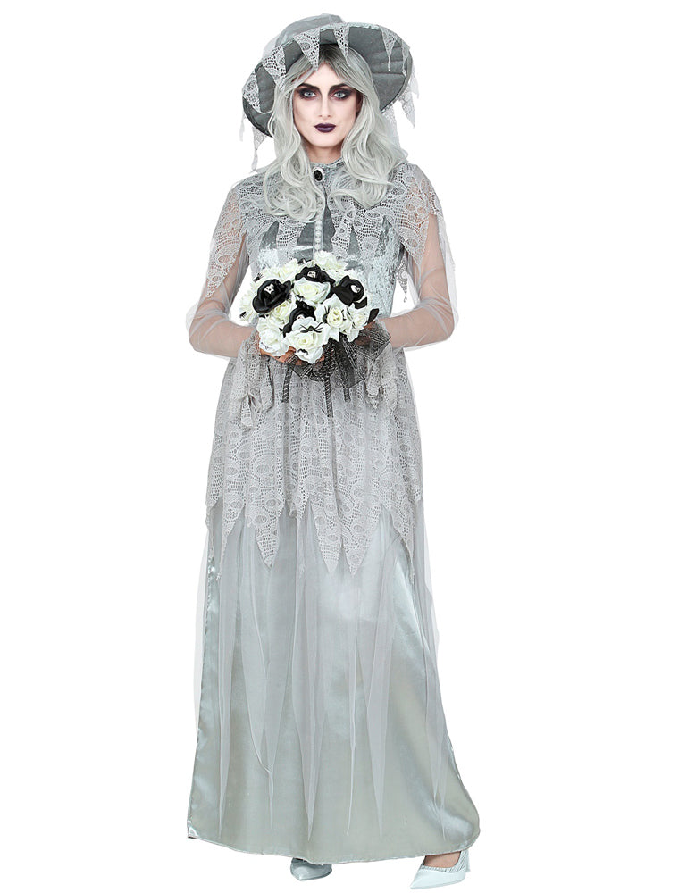 Halloween Kostüm "Geisterbraut" für Damen | Geister Hexen Kleid mit Hut - Grau