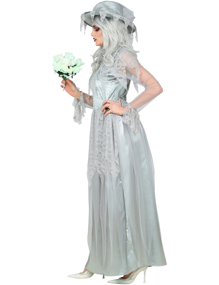 Halloween Kostüm "Geisterbraut" für Damen | Geister Hexen Kleid mit Hut - Grau