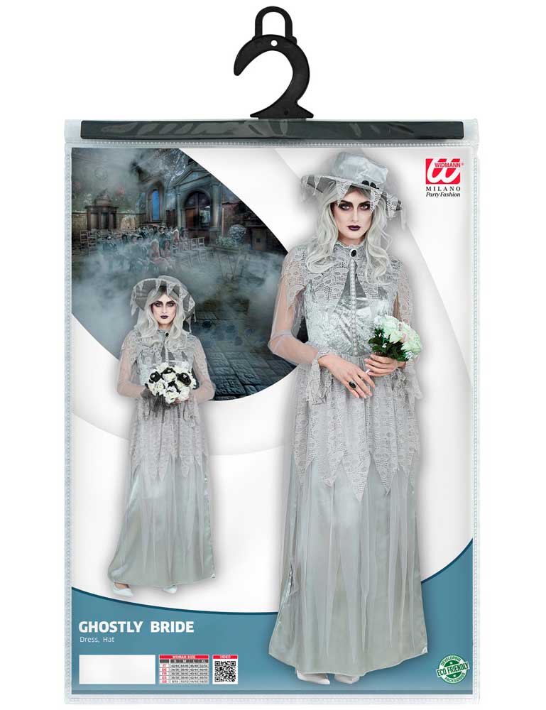 Halloween Kostüm "Geisterbraut" für Damen | Geister Hexen Kleid mit Hut - Grau