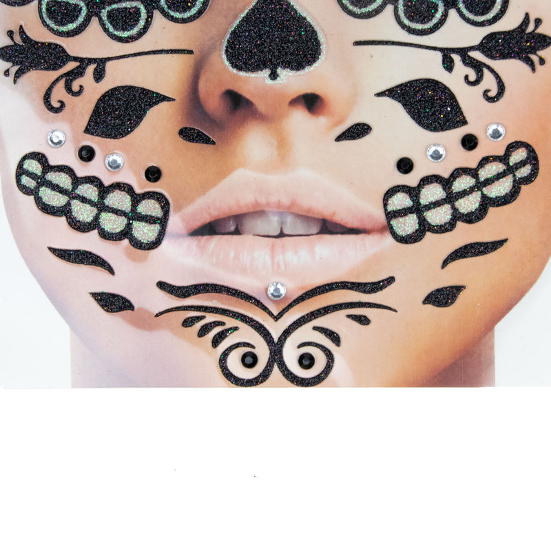 Halloween Gesichts-Tattoo "Skelett" | Schwarz Glitzer