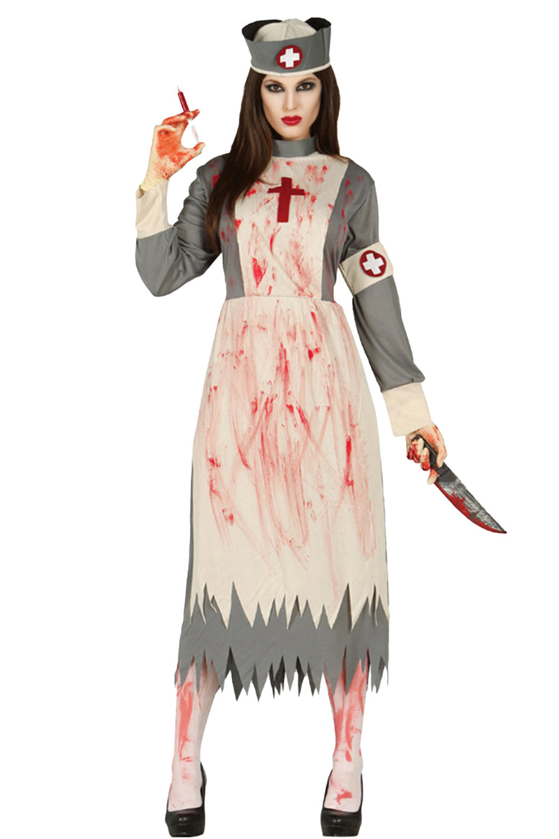 Zombie Krankenschwester Damen Kostüm "Bloody Nurse" | Grau Weiß