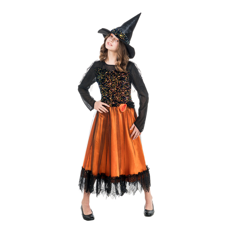 Hexenkostüm "Lucinda" für Mädchen mit Pailletten | Schwarz Orange
