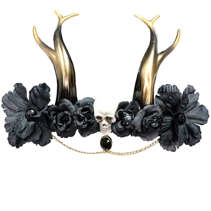 Kopfschmuck mit Geweih, Totenkopf und Blumen - Kostümzubehör Gothik Dunkle Fee | Schwarz Gold