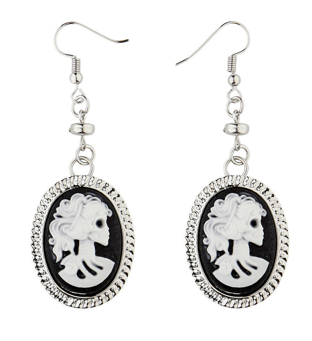 Kamee Totenkopf Ohrringe 01783 - Schwarz Weiß | Schmuck Halloween Kostüm Skelett Geist