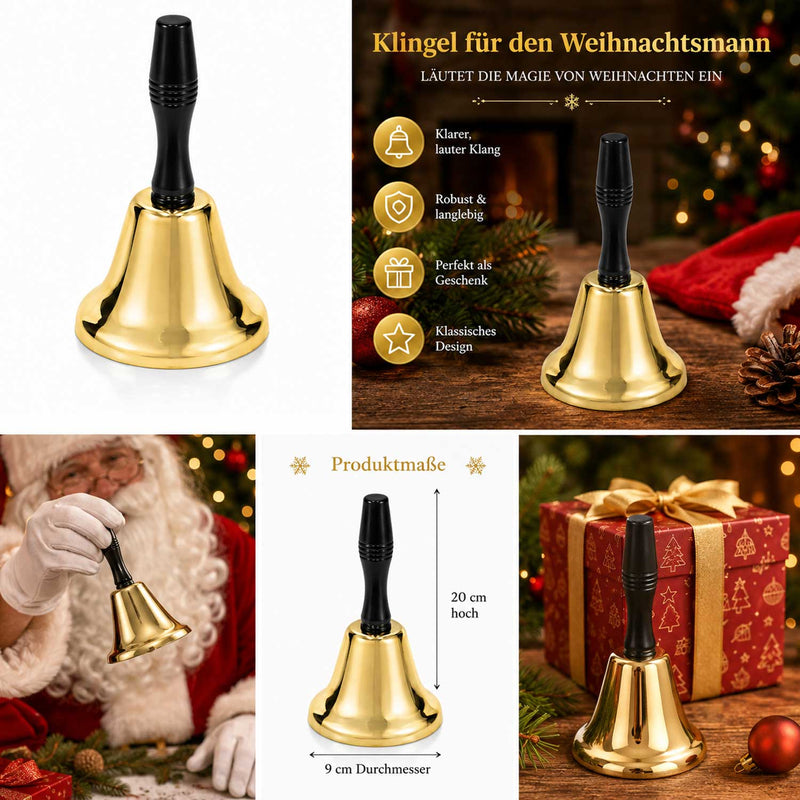 Weihnachtsmann Handglocke 20 cm | Gold mit schwarzem Griff