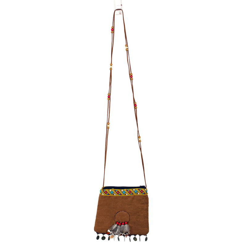 Hippie Umhängetasche mit Federn & Münzen Festival Tasche Braun