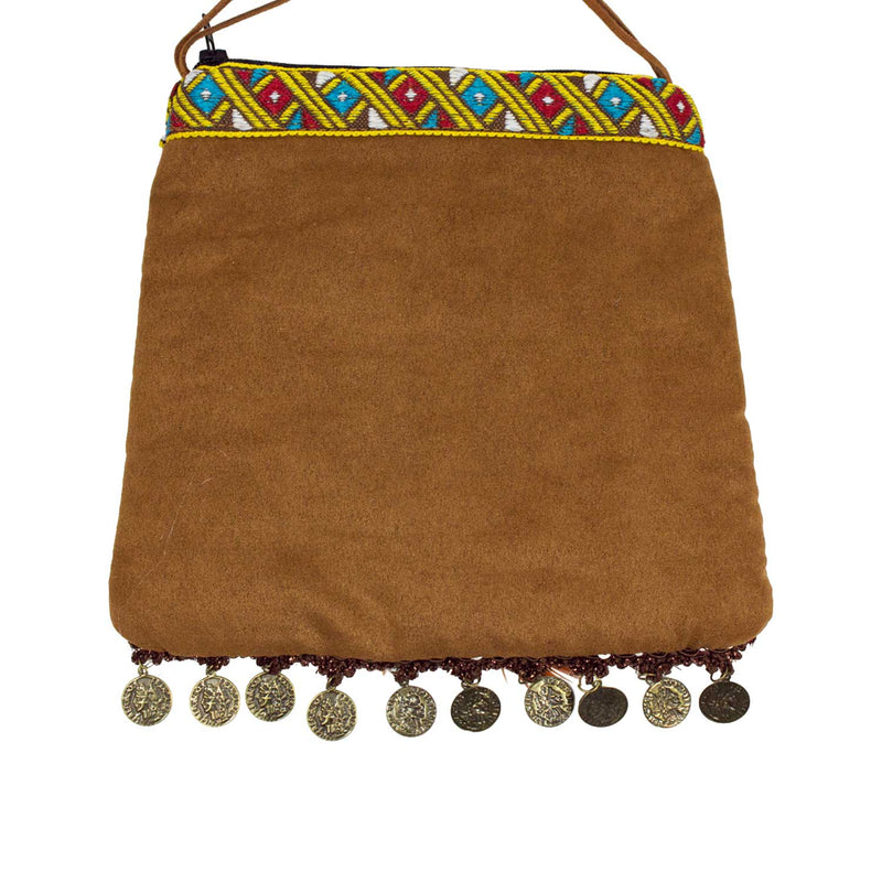 Hippie Umhängetasche mit Federn & Münzen Festival Tasche Braun