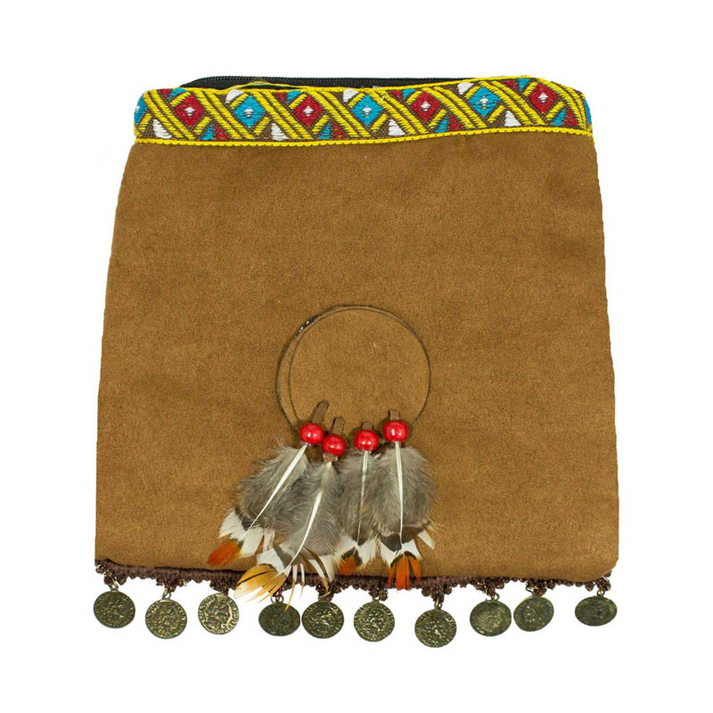 Hippie Umhängetasche mit Federn & Münzen Festival Tasche Braun