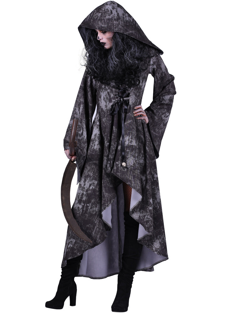 Halloween Kostüm "Death" für Damen | Geister Hexen Gothic Kleid mit Kapuze - Grau
