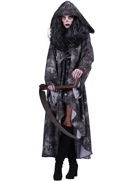 Halloween Kostüm "Death" für Damen | Geister Hexen Gothic Kleid mit Kapuze - Grau