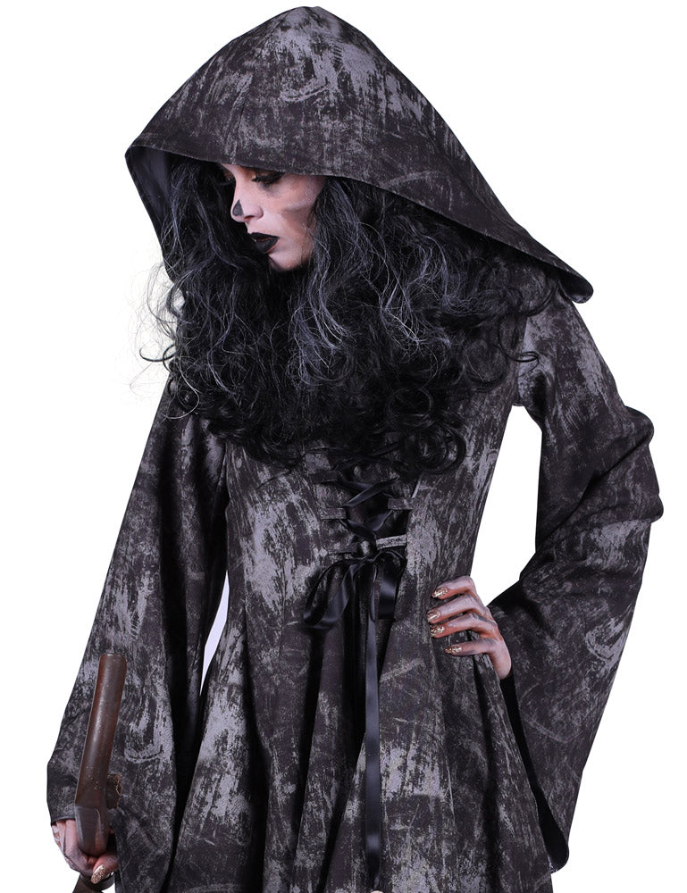 Halloween Kostüm "Death" für Damen | Geister Hexen Gothic Kleid mit Kapuze - Grau