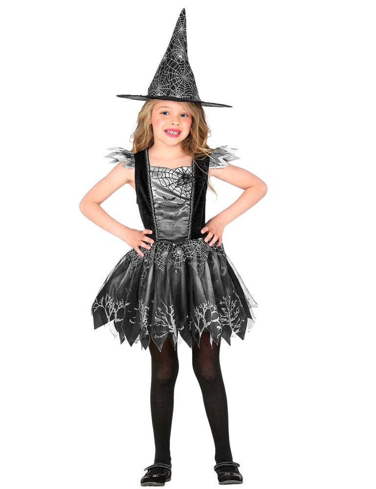 Glitzer Hexe Kinderkostüm 2-teilig - Kleid und Hut | Schwarz-Silber