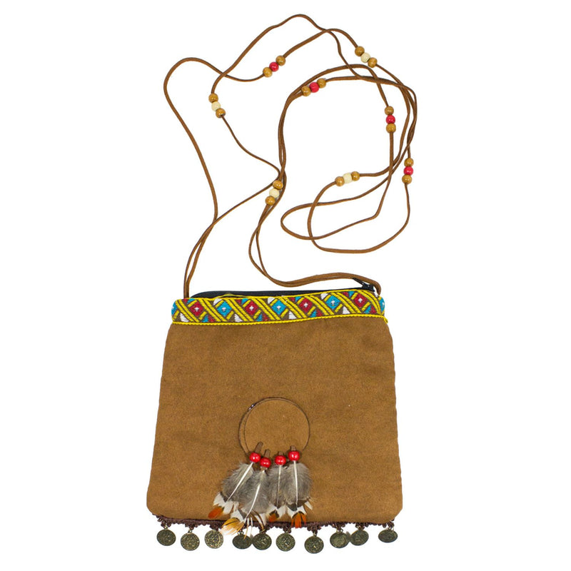 Hippie Kostüm Set für Damen | 3-teilig mit Handtasche, Stirnband & Feder-Ohrringen