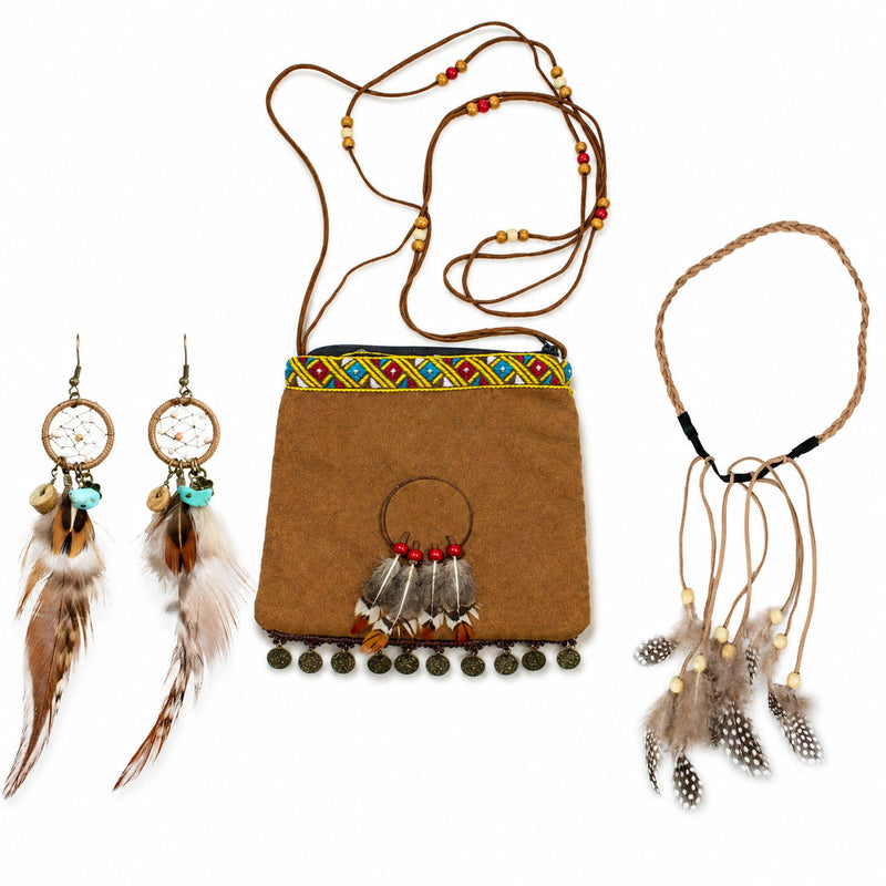 Hippie Kostüm Set für Damen | 3-teilig mit Handtasche, Stirnband & Feder-Ohrringen