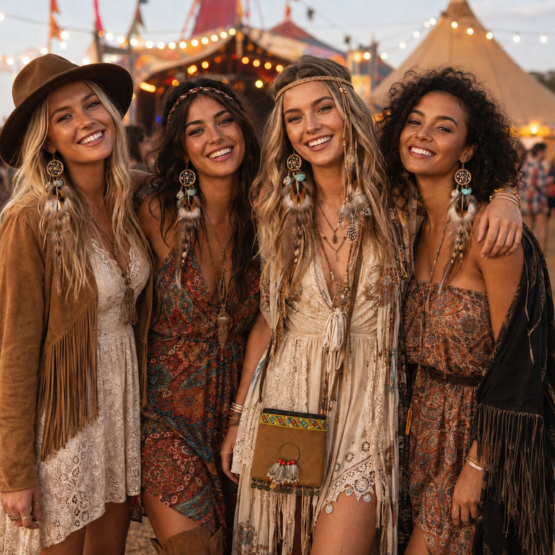 Hippie Kostüm Set für Damen | 3-teilig mit Handtasche, Stirnband & Feder-Ohrringen