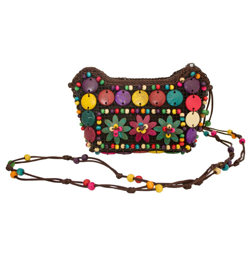 Bunte Hippie Blumen Handtasche mit Perlen | Kostüm Party Zubehör
