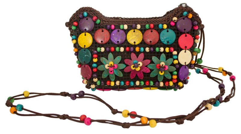 Bunte Hippie Blumen Handtasche mit Perlen | Kostüm Party Zubehör