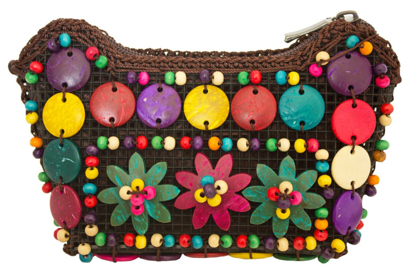 Bunte Hippie Blumen Handtasche mit Perlen | Kostüm Party Zubehör