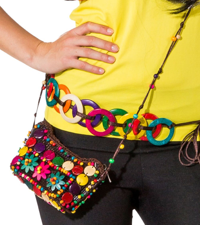 Bunte Hippie Blumen Handtasche mit Perlen | Kostüm Party Zubehör